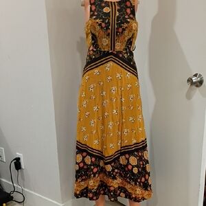Free People Mustard and Black Floral Midi Dress